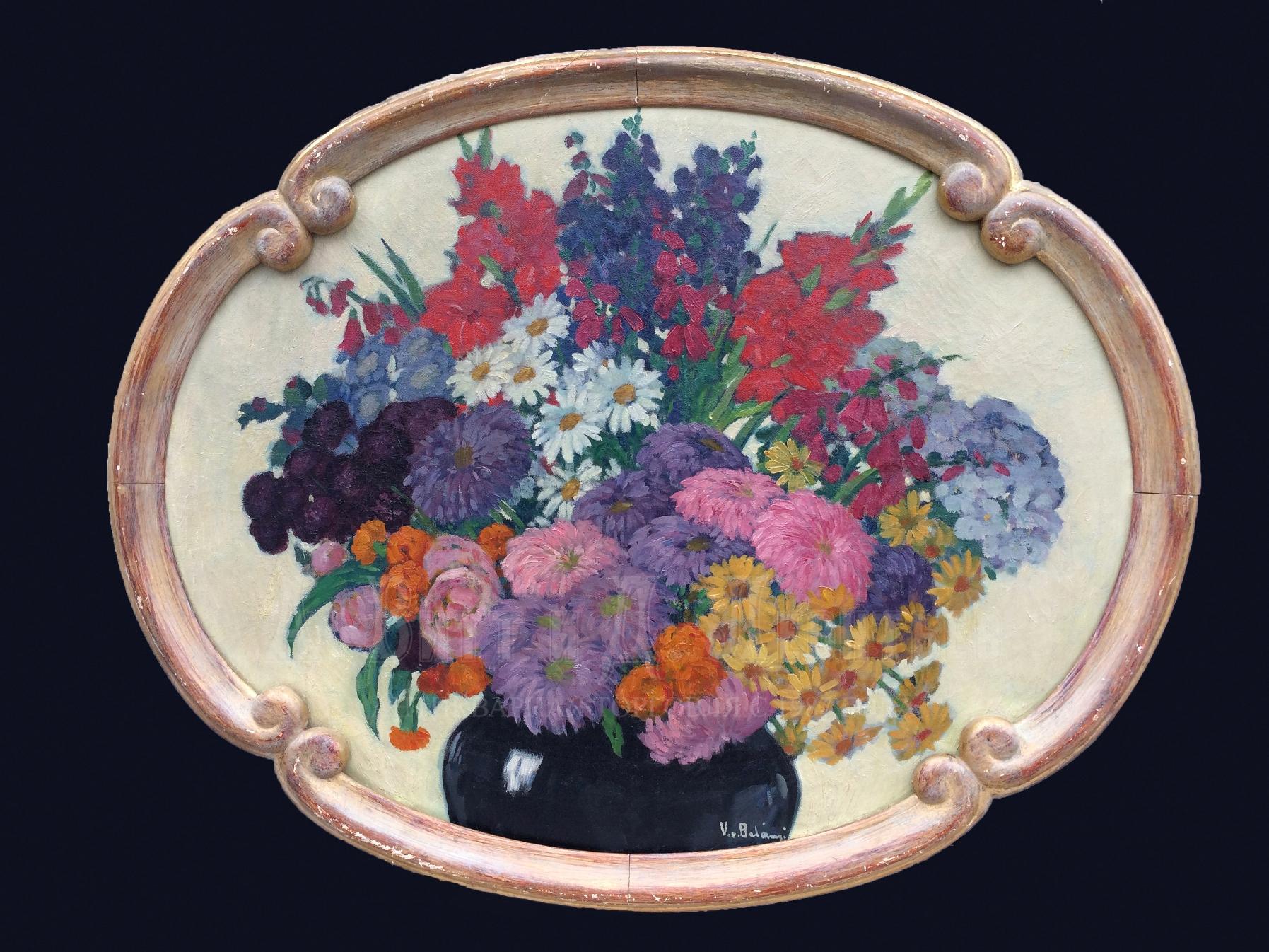 Антикварная картина Букет цветов овал в раме холст масло