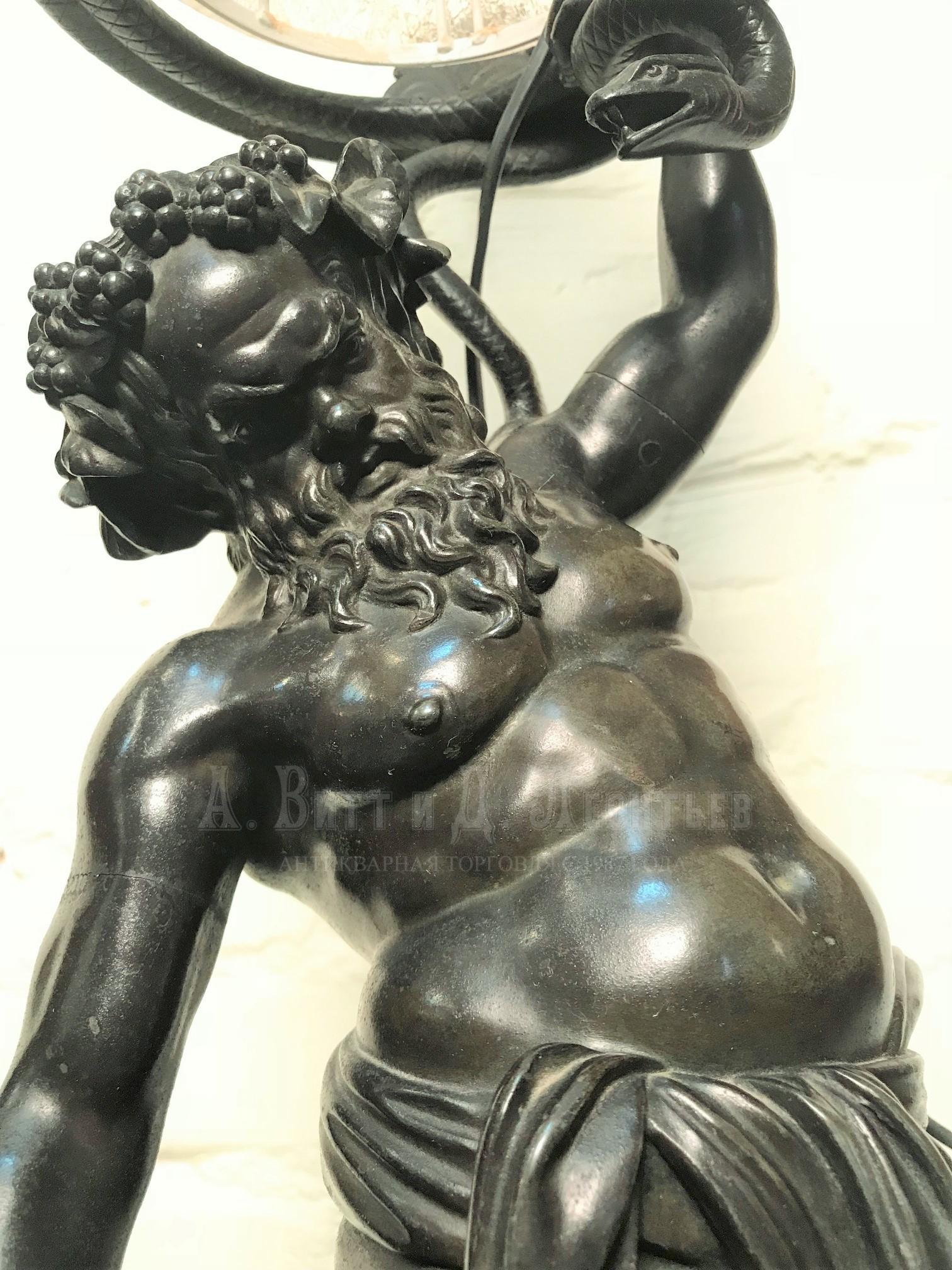 Настольная антикварная бронзовая лампа торшер Силен, Бахус со змеей в руке