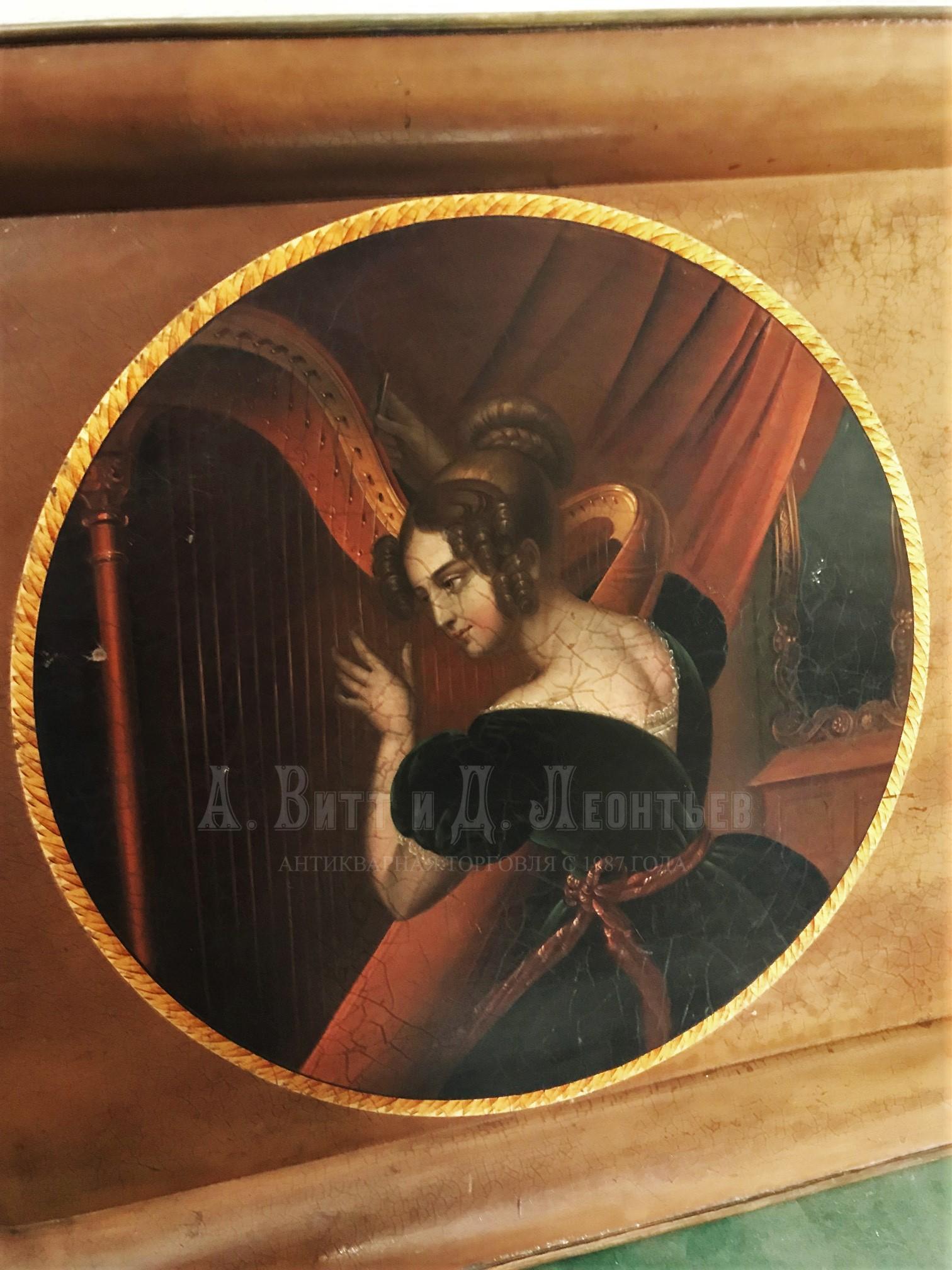 Медный антикварный поднос с живописью Девушка с арфой