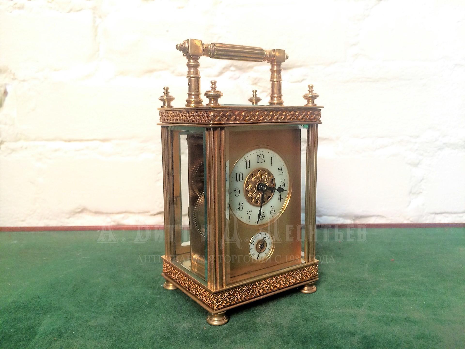 Антикварные каретные часы каретник бронзовые золоченые с будильником