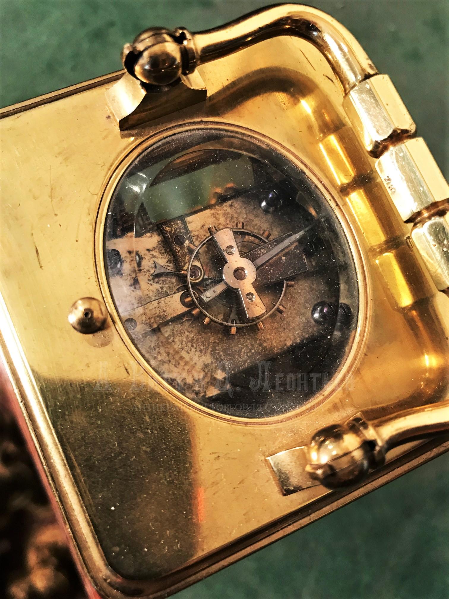 Антикварные каретные часы каретник бронзовые золоченые четвертной репетир с будильником