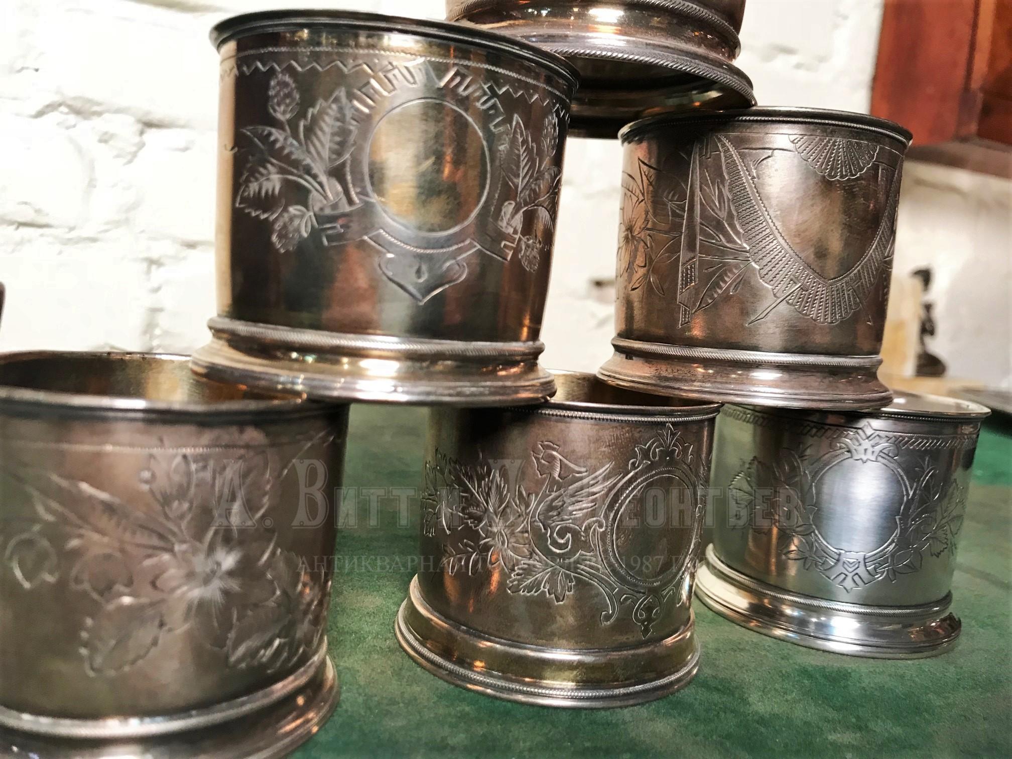 Комплект из шести русских антикварных серебряных подстаканников с гравировкой 84 пробы