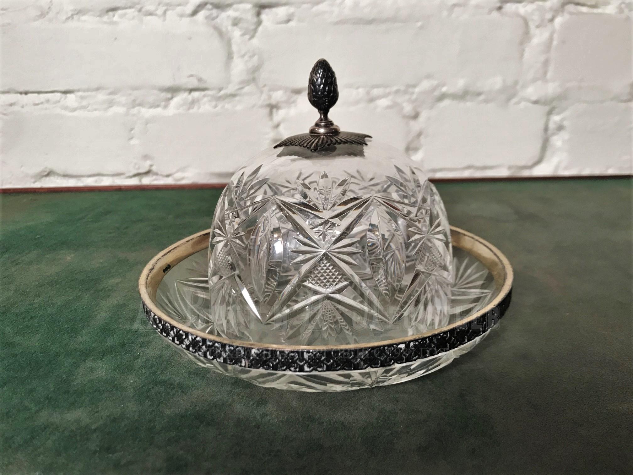 Масленка антикварная русская с круглым куполом или лимонница серебро 84 пробы хрусталь в серебре