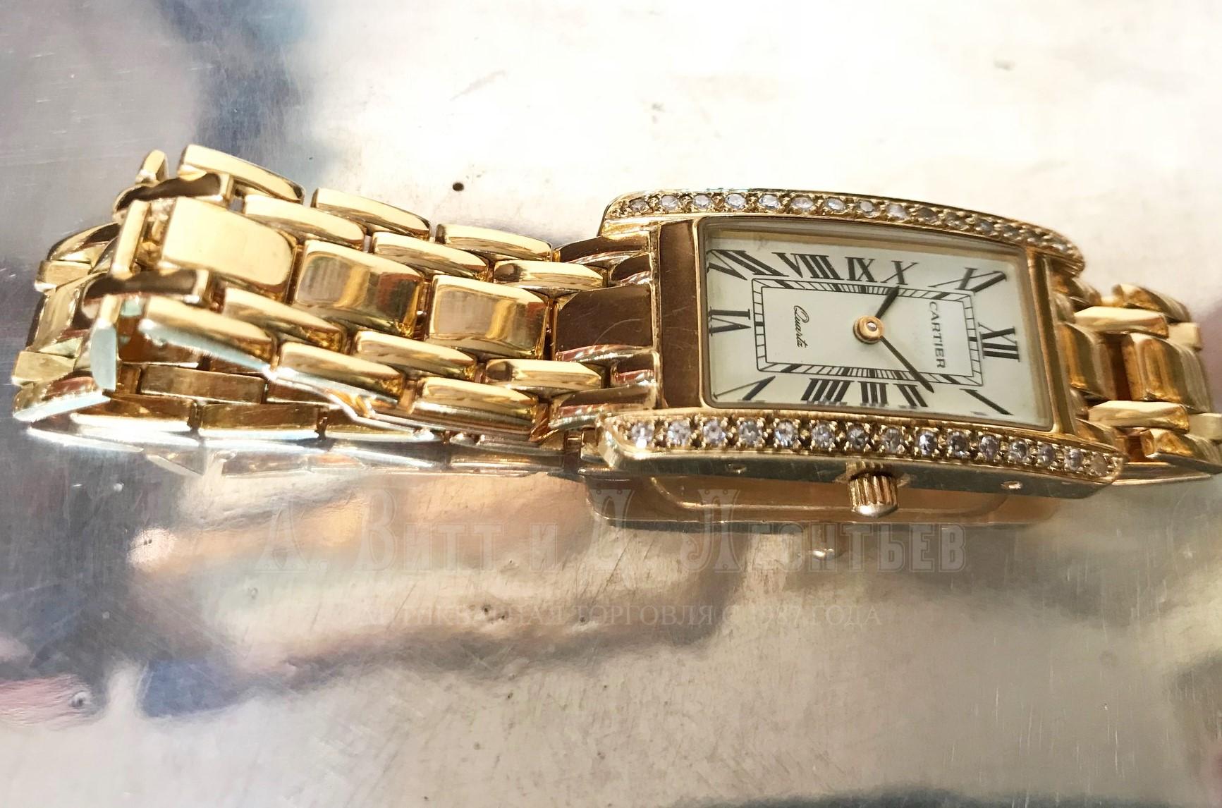 Наручные золотые часы Картье 750 проба 18 карат с бриллиантами Cartier на золотом браслете