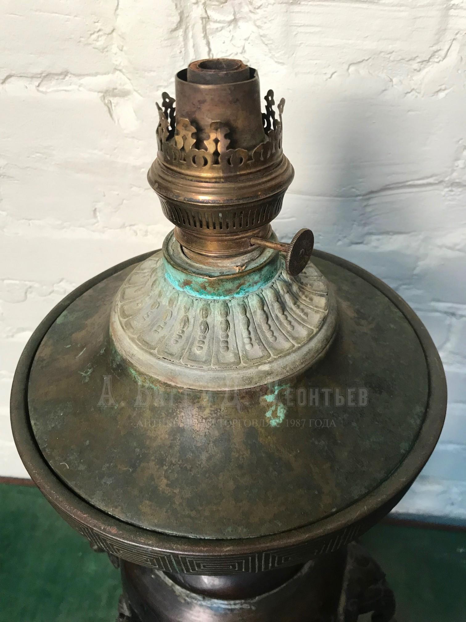 Старинная антикварная японская керосиновая лампа бронза с драконами