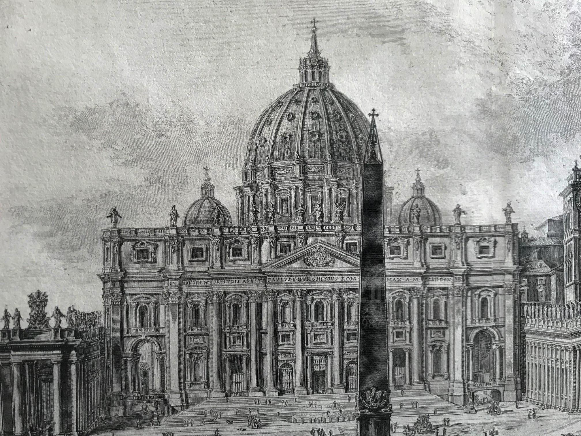 Антикварная гравюра ведута Площадь Святого Петра в Риме Пиранези