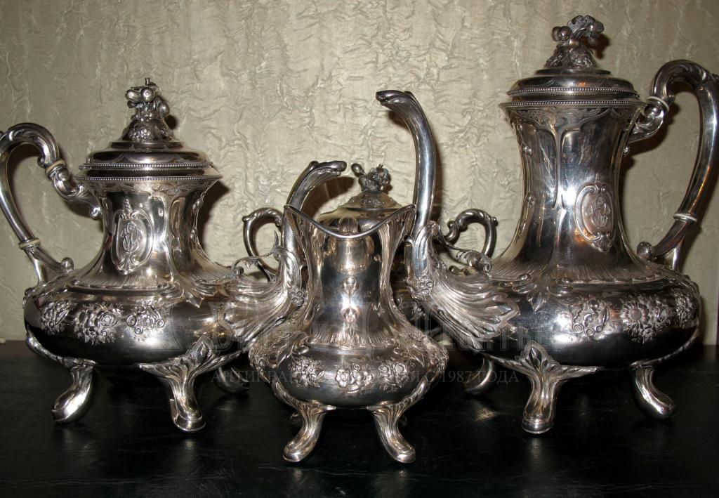 Антикварный серебряный чайно-кофейный сервиз 19 век