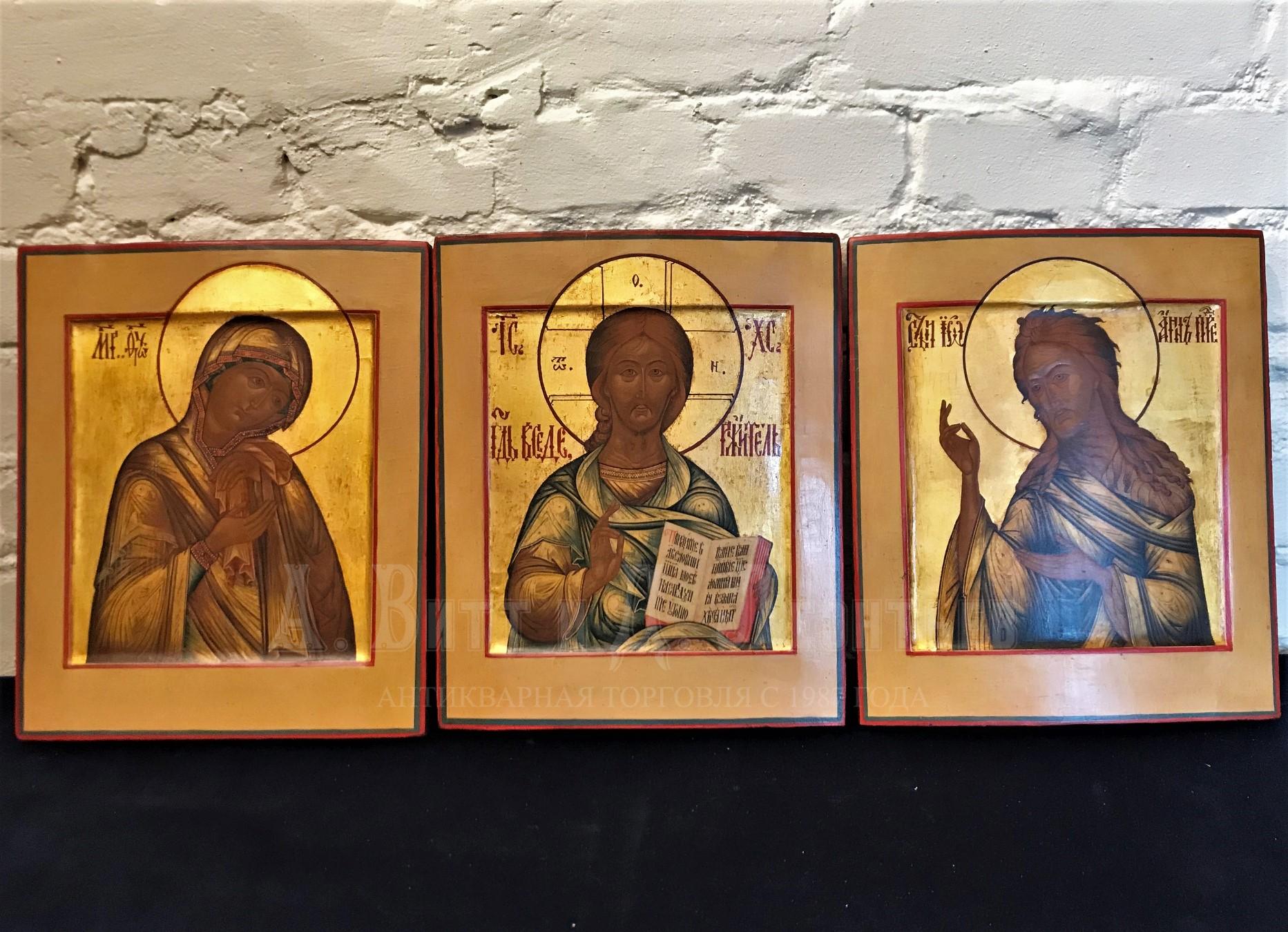 Деисусный чин три антикварные иконы Вседержитель, Пресвятая Богородица, Иоанн Предтеча
