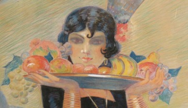 Дама с фруктами - антикварный рисунок в стиле Ар-деко - Marcel Granier