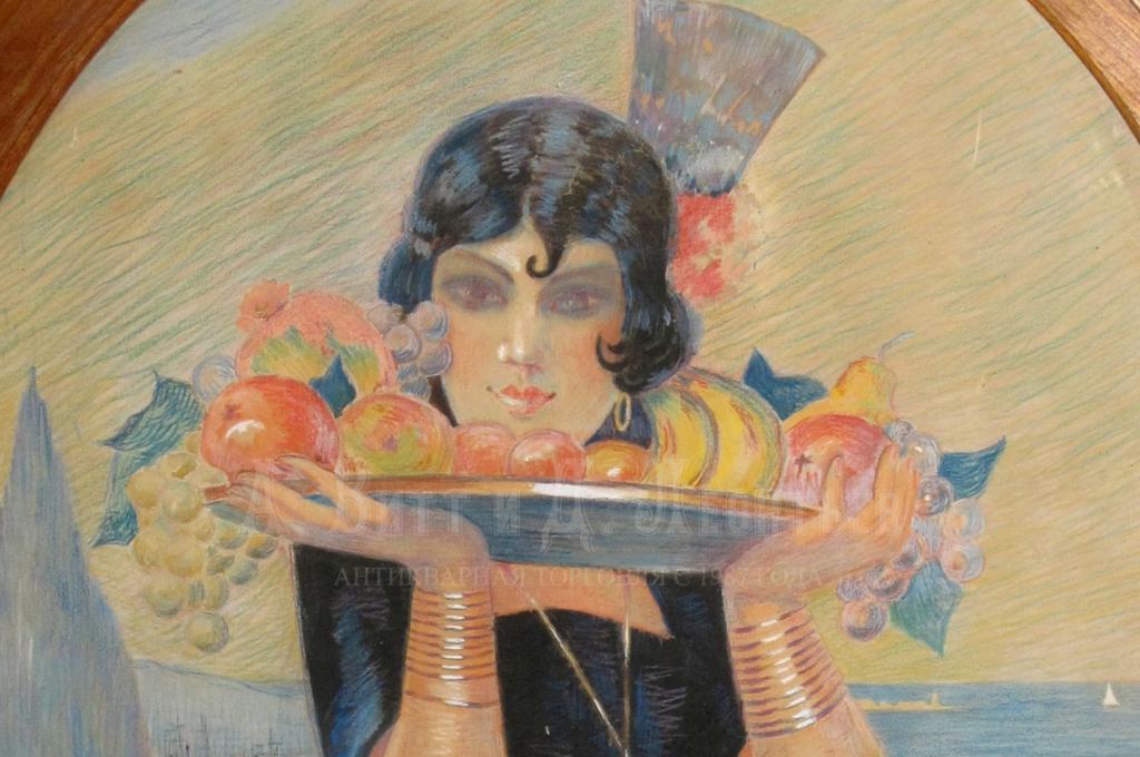 Дама с фруктами - антикварный рисунок в стиле Ар-деко - Marcel Granier