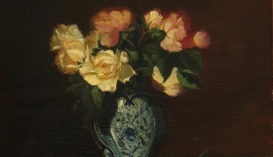 Розы в голубой вазе - Антикварная картина - Thierry