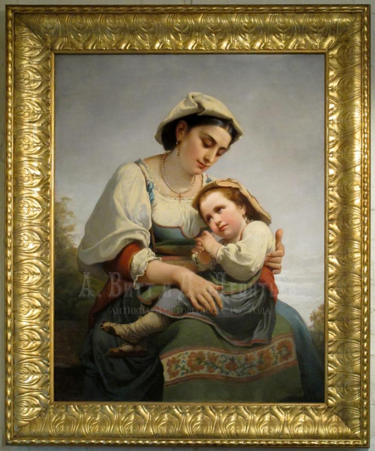 Мать и дитя - Антикварная картина - Adelaïde SALLES-WAGNER