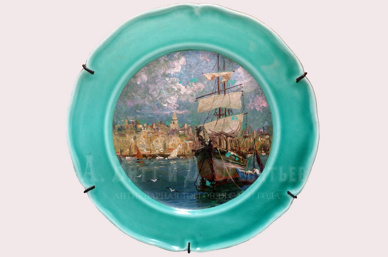Антикварная тарелка с морским пейзажем