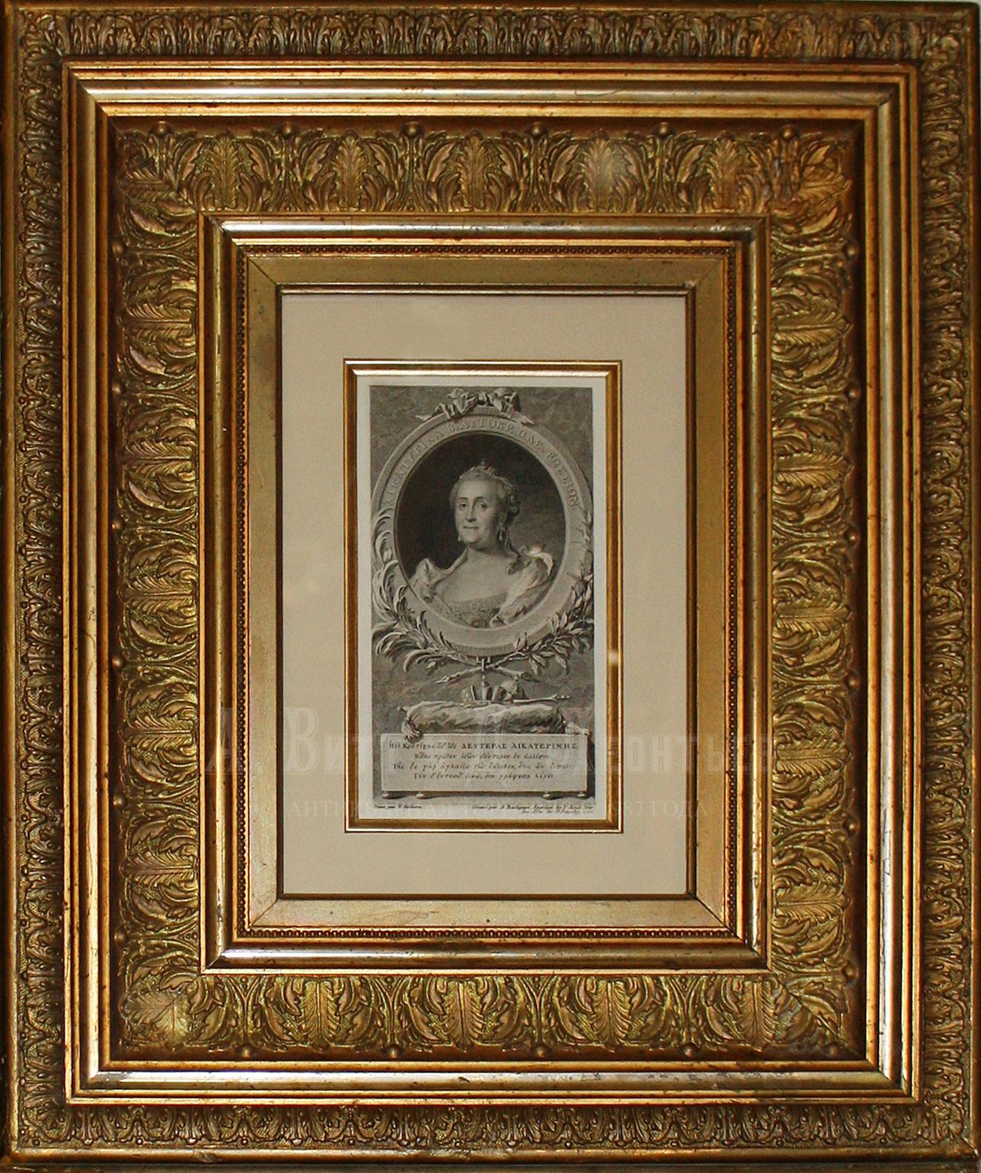 Антикварная гравюра портрет Екатерины