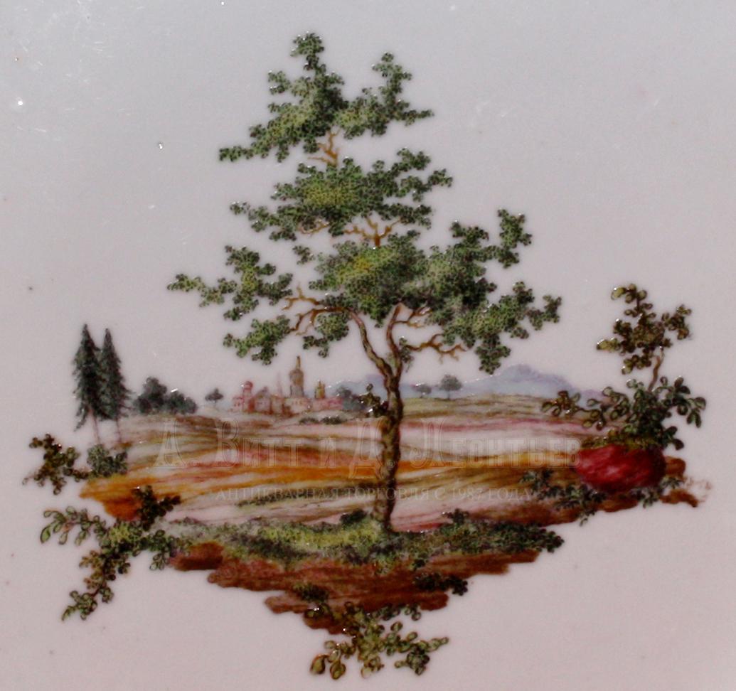 Антикварная фарфоровая тарелка с пейзажной росписью - ИФЗ