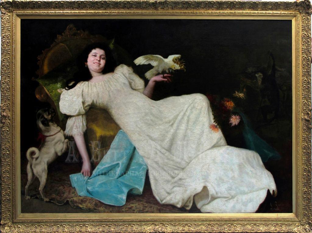 Лежащая с попугаем - Антикварная картина 19 века