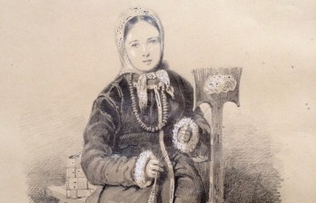 Русский старинный рисунок карандашом в раме Девочка с прялкой