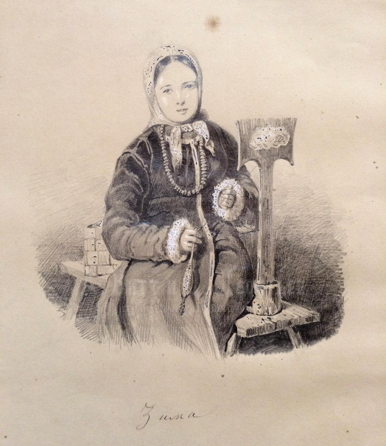 Русский старинный рисунок карандашом в раме Девочка с прялкой
