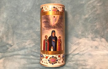 Русский фарфор, тощая свеча с иконой Святой Федор Святой Давид и Святой Константин