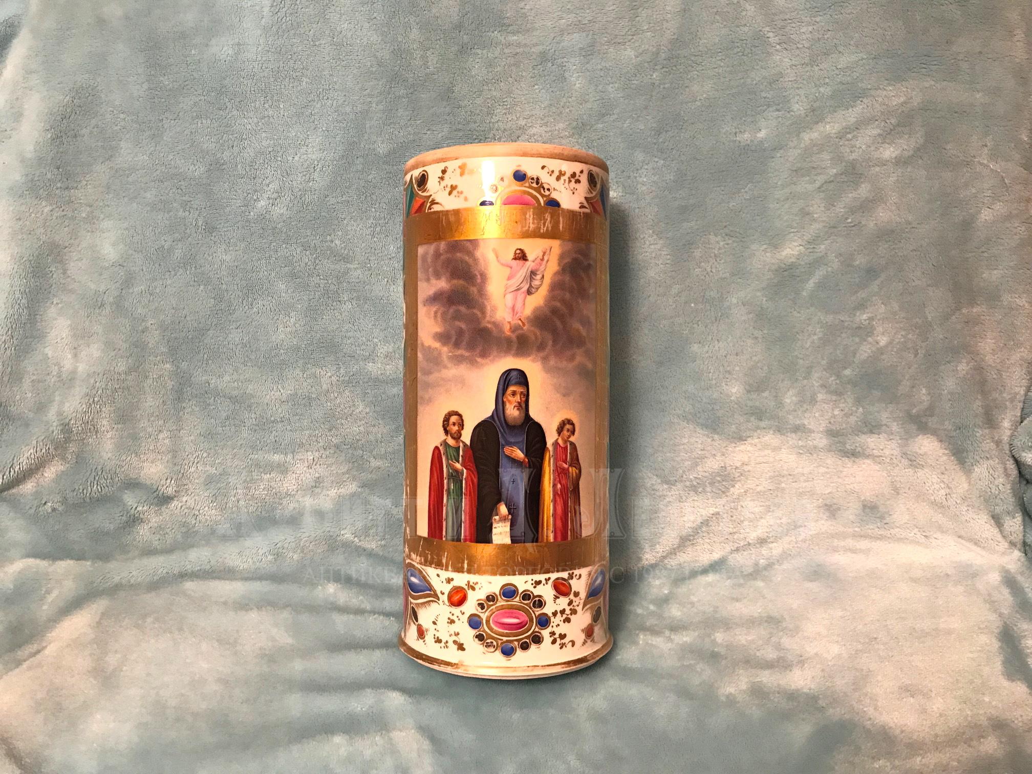 Русский фарфор, тощая свеча с иконой Святой Федор Святой Давид и Святой Константин