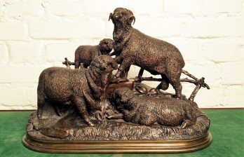 Бронзовая антикварная скульптура Баран и Овцы мериносы на сельскохозяйственную тему Jules Moigniez