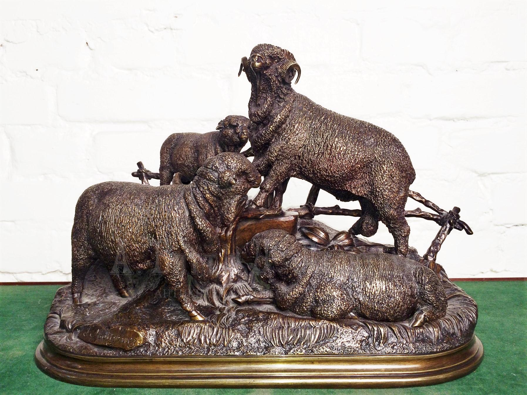 Бронзовая антикварная скульптура Баран и Овцы мериносы на сельскохозяйственную тему Jules Moigniez