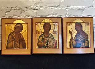 Деисусный чин три антикварные иконы Вседержитель, Пресвятая Богородица, Иоанн Предтеча