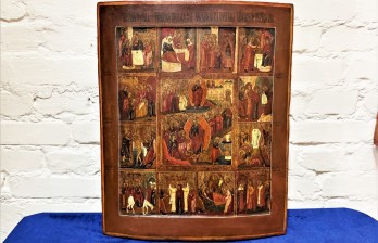 Икона антикварная старинная Воскресение Христово и Двунадесятые Праздники