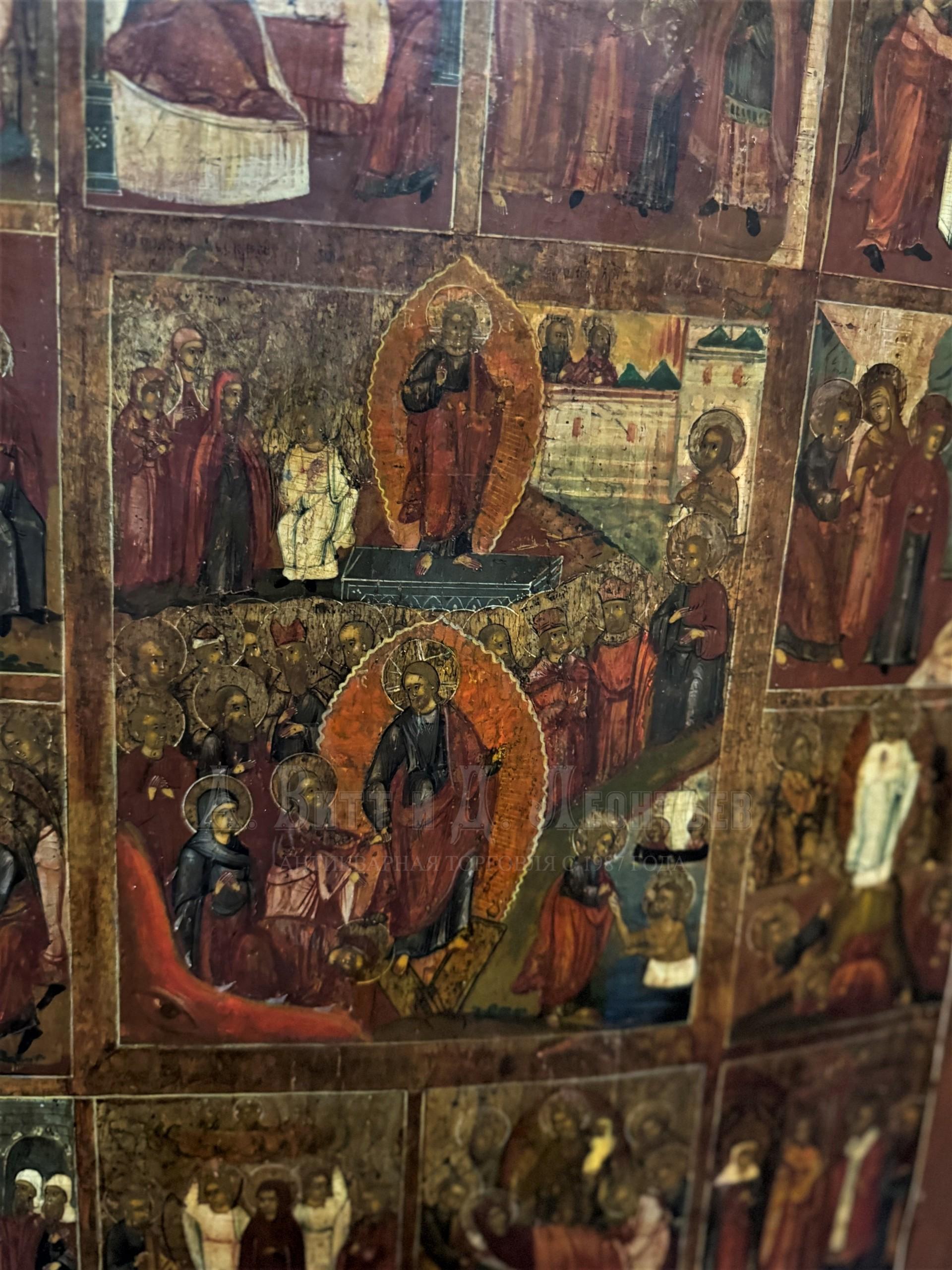 Икона антикварная старинная Воскресение Христово и Двунадесятые Праздники