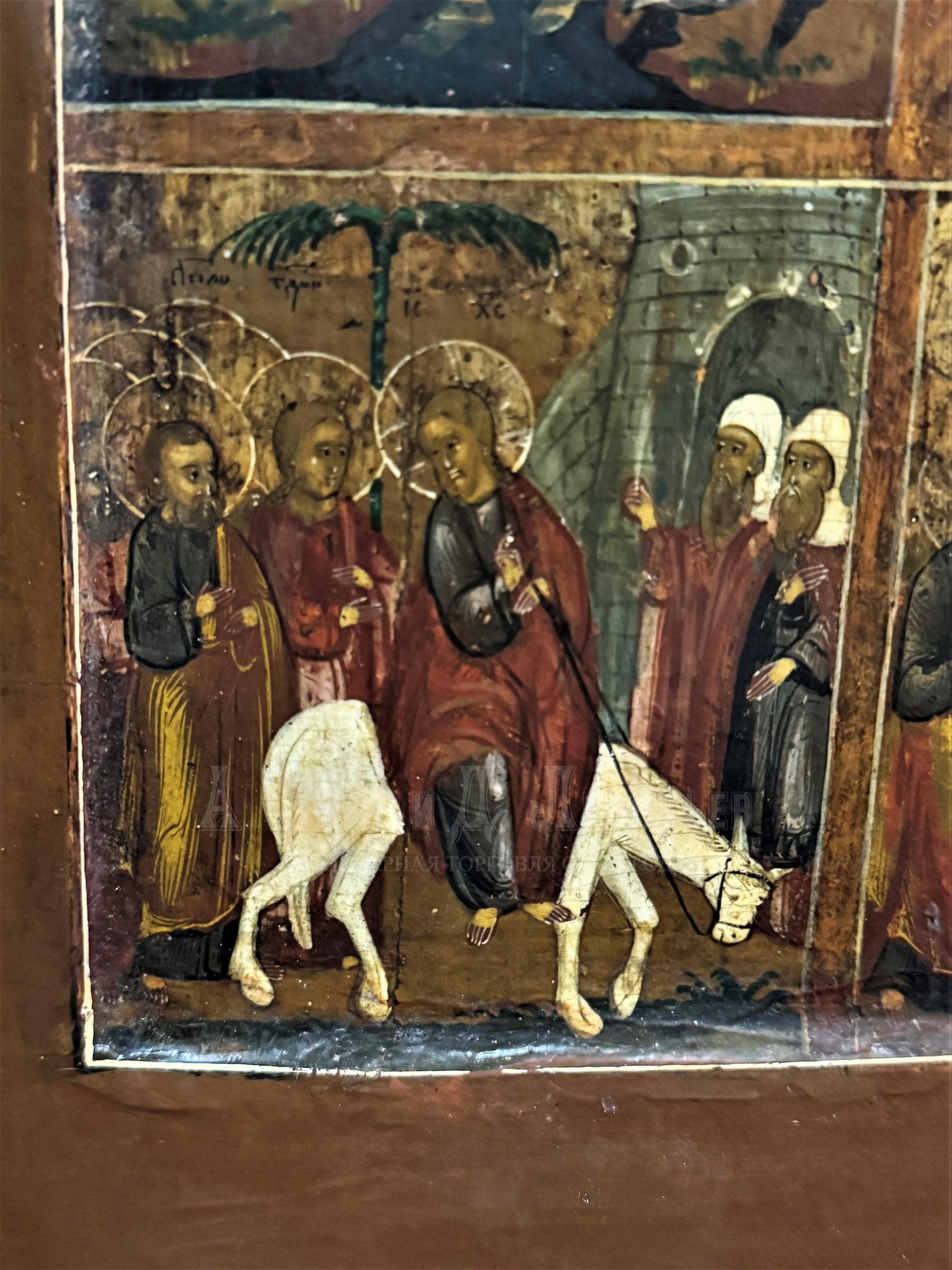 Икона антикварная старинная Воскресение Христово и Двунадесятые Праздники